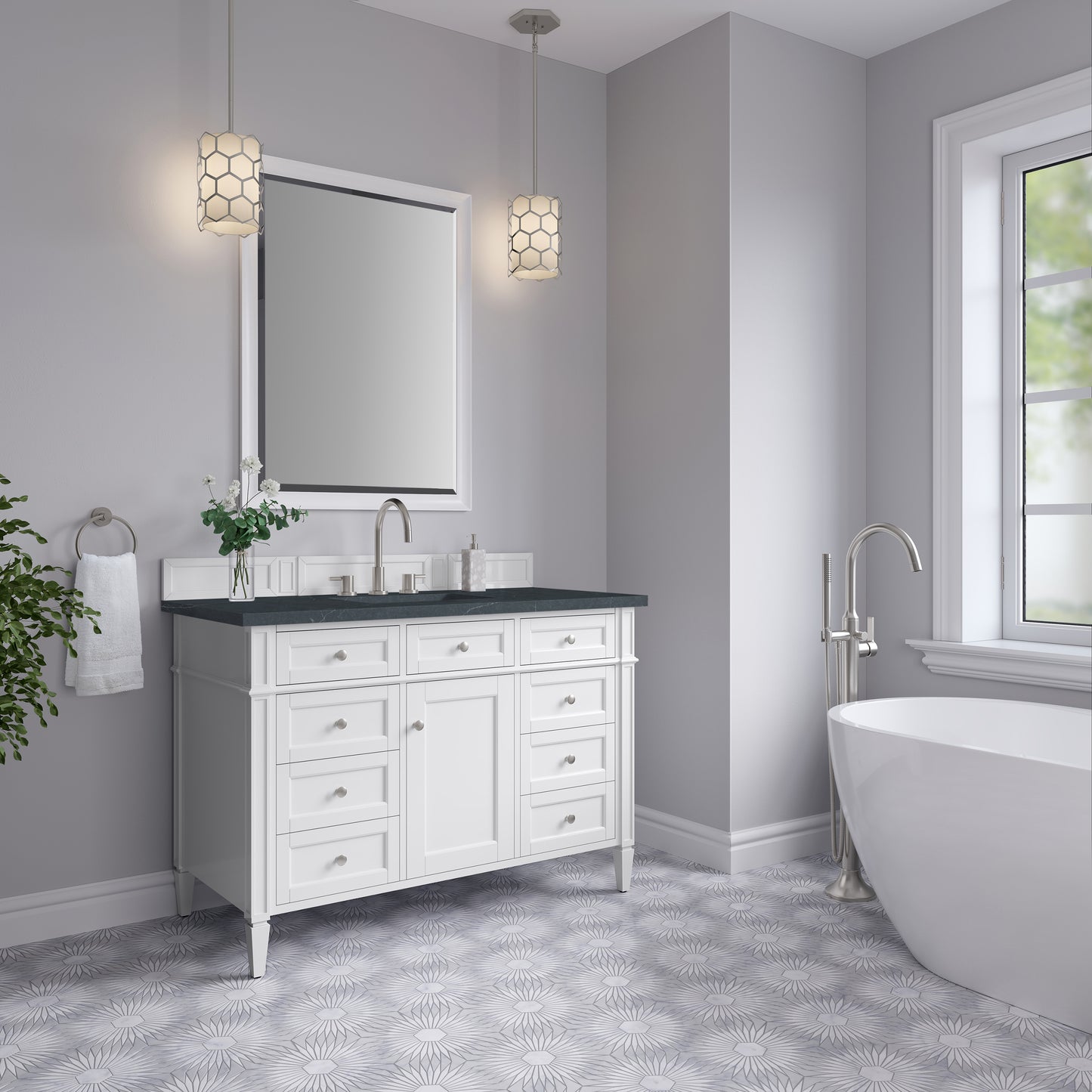 Renovate for Less Atlanta Brittany 48" Single Vanity, Bright White w/ 3 CM Charcoal Soapstone Silestone Top