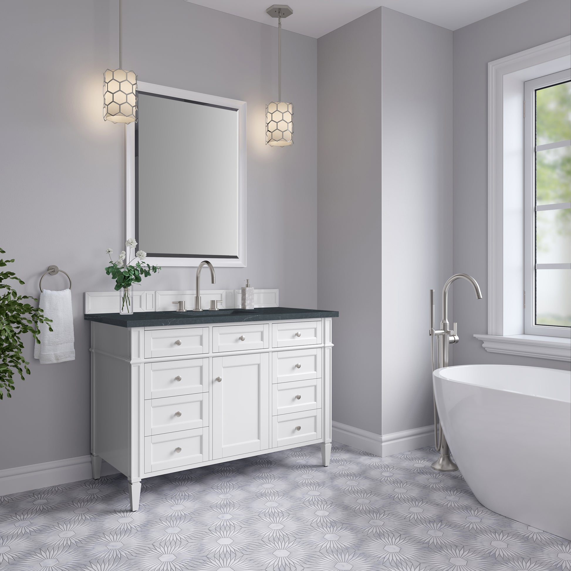 Renovate for Less Atlanta Brittany 48" Single Vanity, Bright White w/ 3 CM Charcoal Soapstone Silestone Top