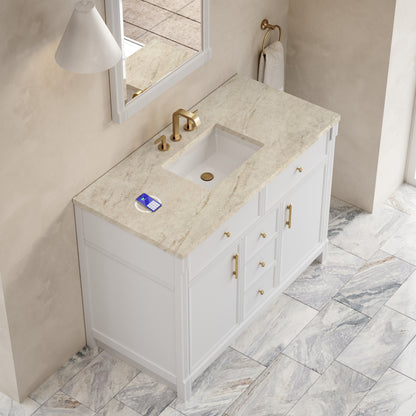 Renovate for Less Atlanta Bellshire 48" Single Vanity, Bright White w/ 3 CM Tajnar Eclos Top w/FreePower Wireless Charger