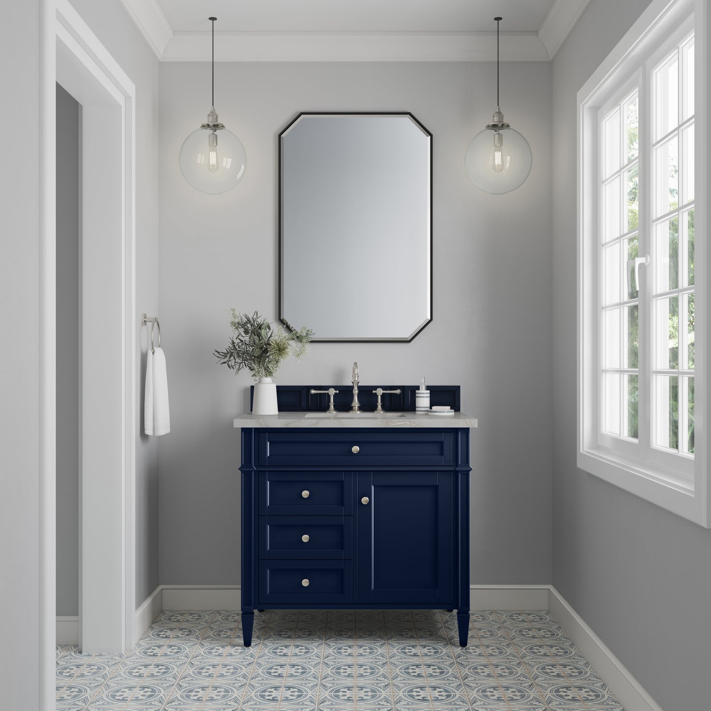 Renovate for Less Atlanta Brittany 36" Single Vanity, Victory Bleu w/ 3 CM Victorian Silver Silestone Top