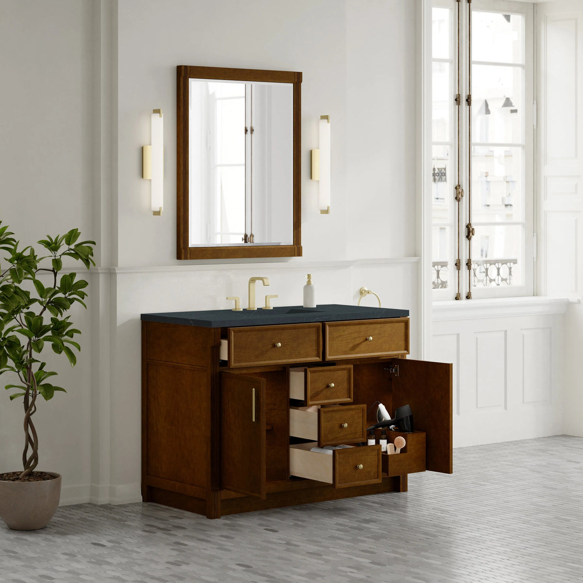 Bellshire 48" Single Vanity, Honey Oak w/ 3 CM Charcoal Soapstone Silestone Top