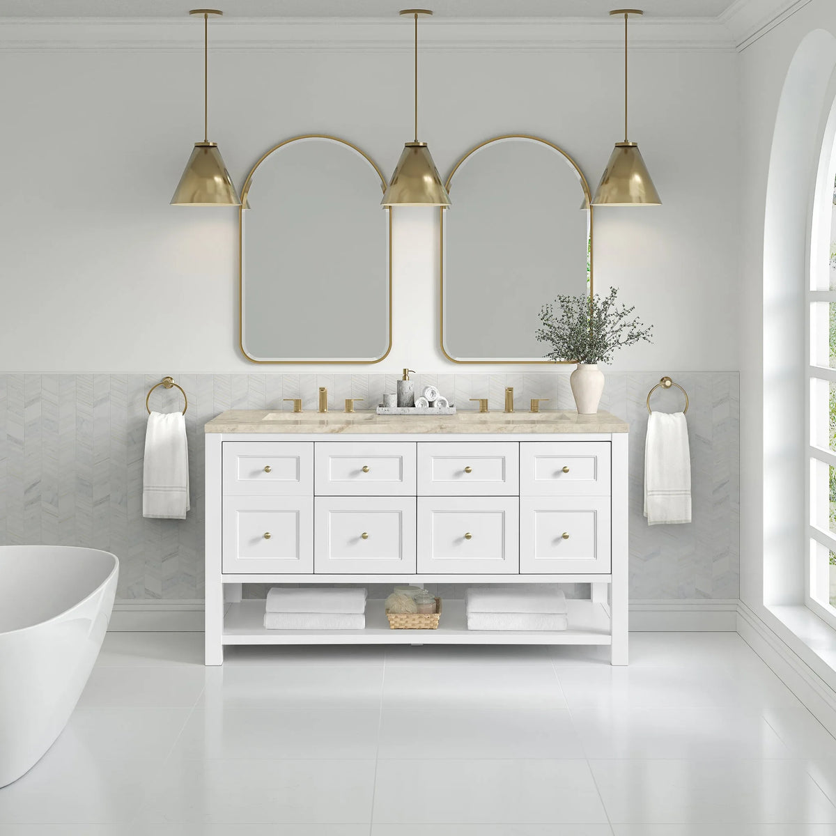 Breckenridge 60" Double Vanity, Bright White, w/ 3 CM Tajnar Eclos Top w/FreePower Wireless Charger