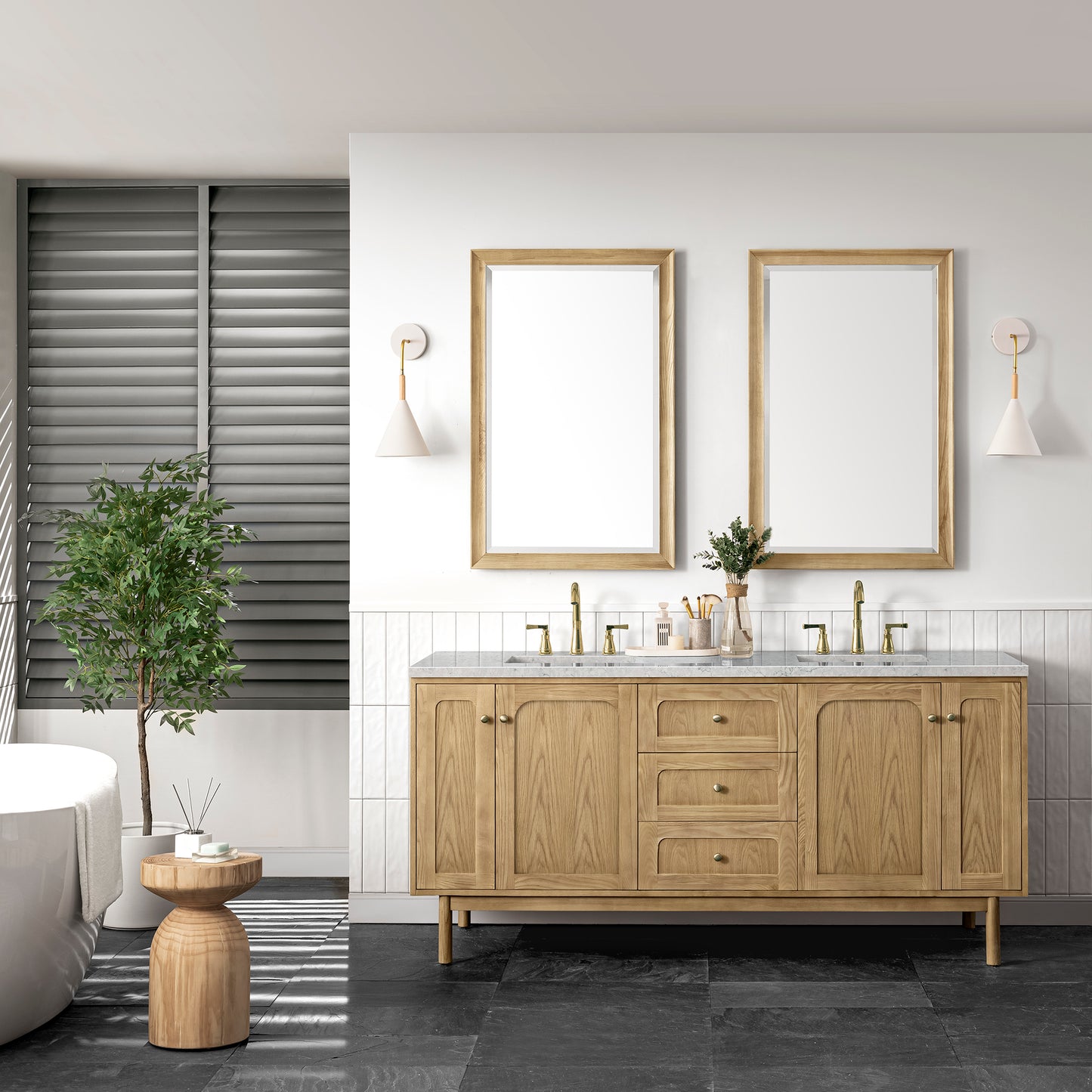 Renovate for Less Atlanta Laurent 72" Double Vanity, Light Natural Oak w/ 3 CM Eternal Jasmine Pearl Top w/FreePower Wireless Charger