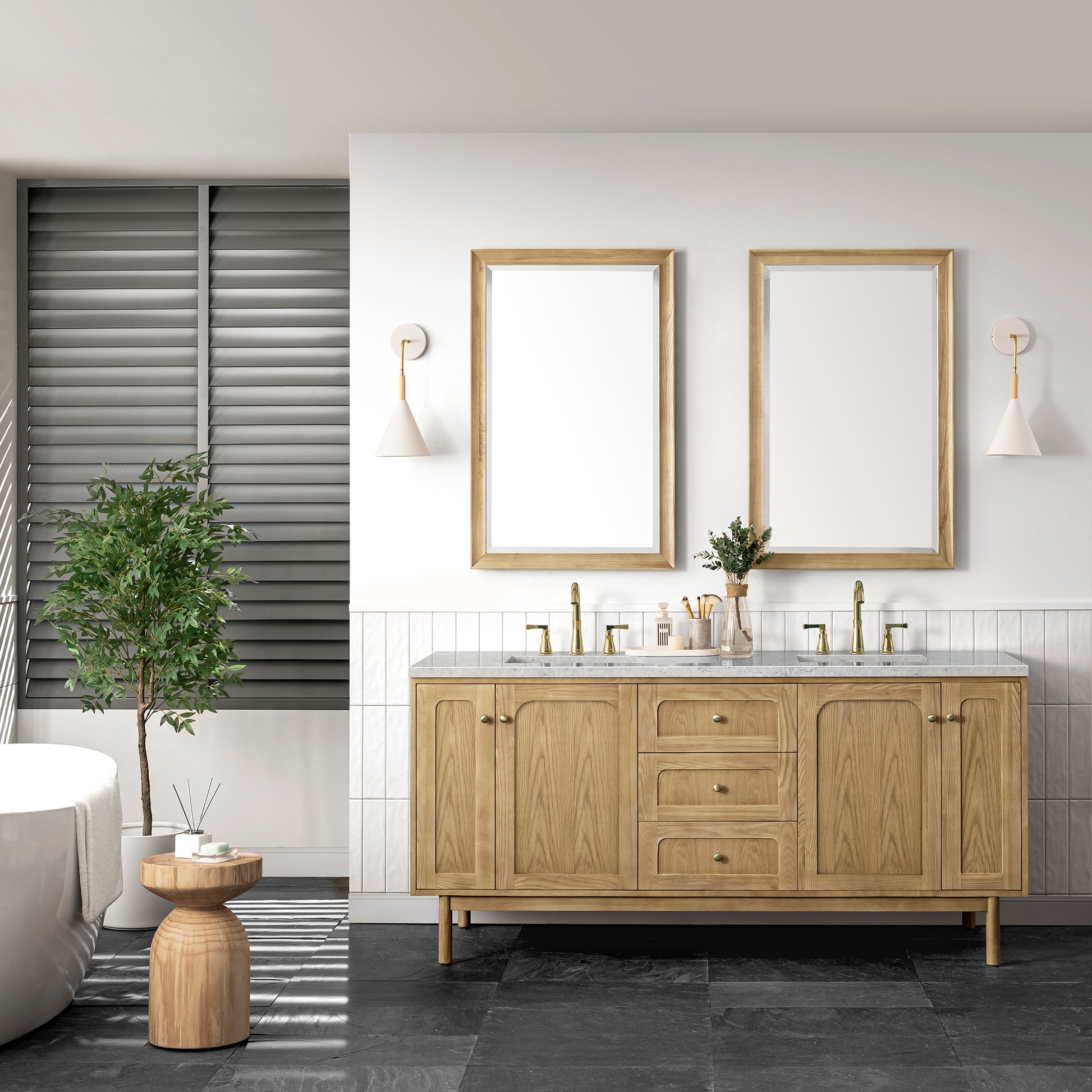 Renovate for Less Atlanta Laurent 72" Double Vanity, Light Natural Oak w/ 3 CM Eternal Jasmine Pearl Top w/FreePower Wireless Charger