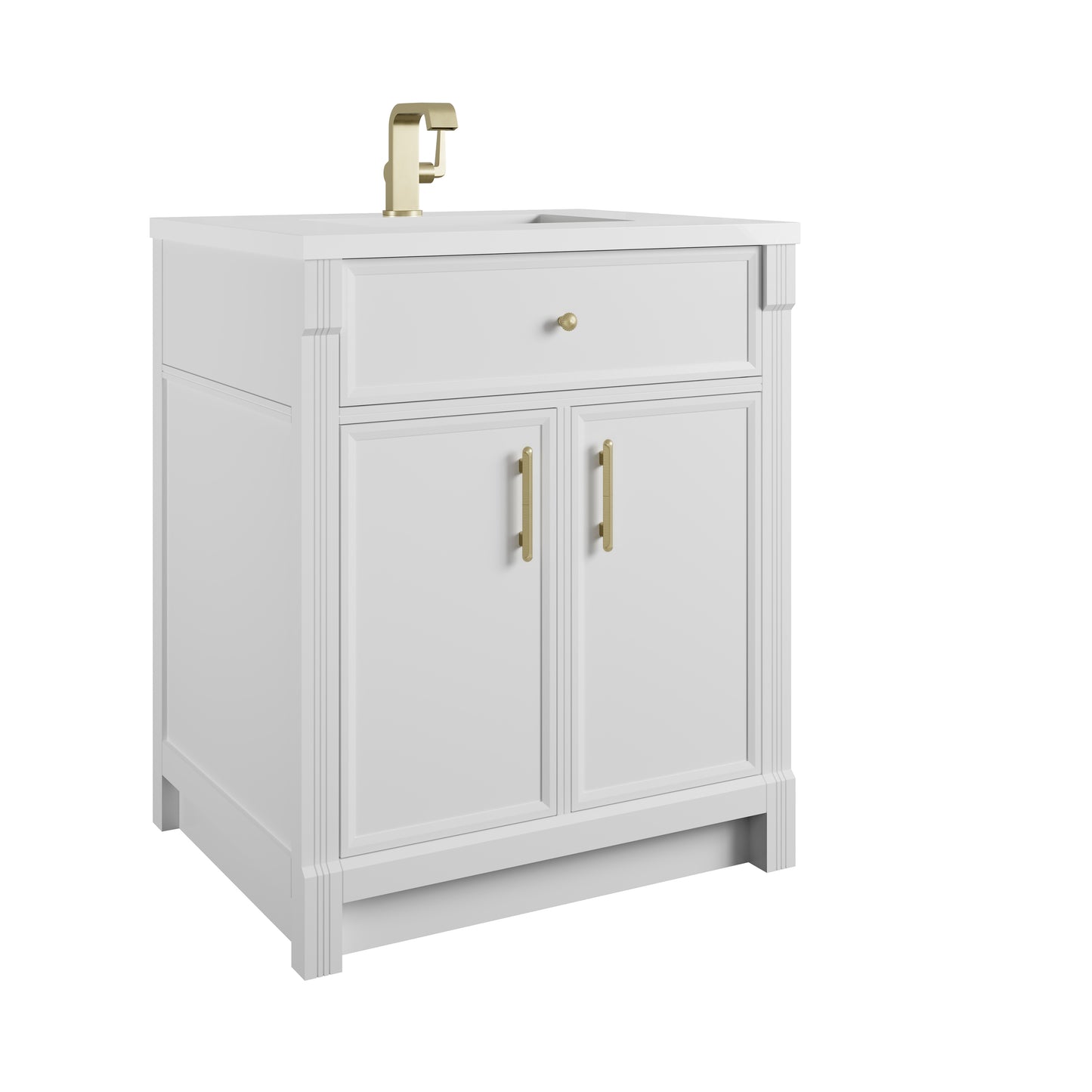 Renovate for Less Atlanta Bellshire 30" Single Vanity, Bright White w/ Single Hole 3 CM White Zeus Silestone Top and Matching Backsplash