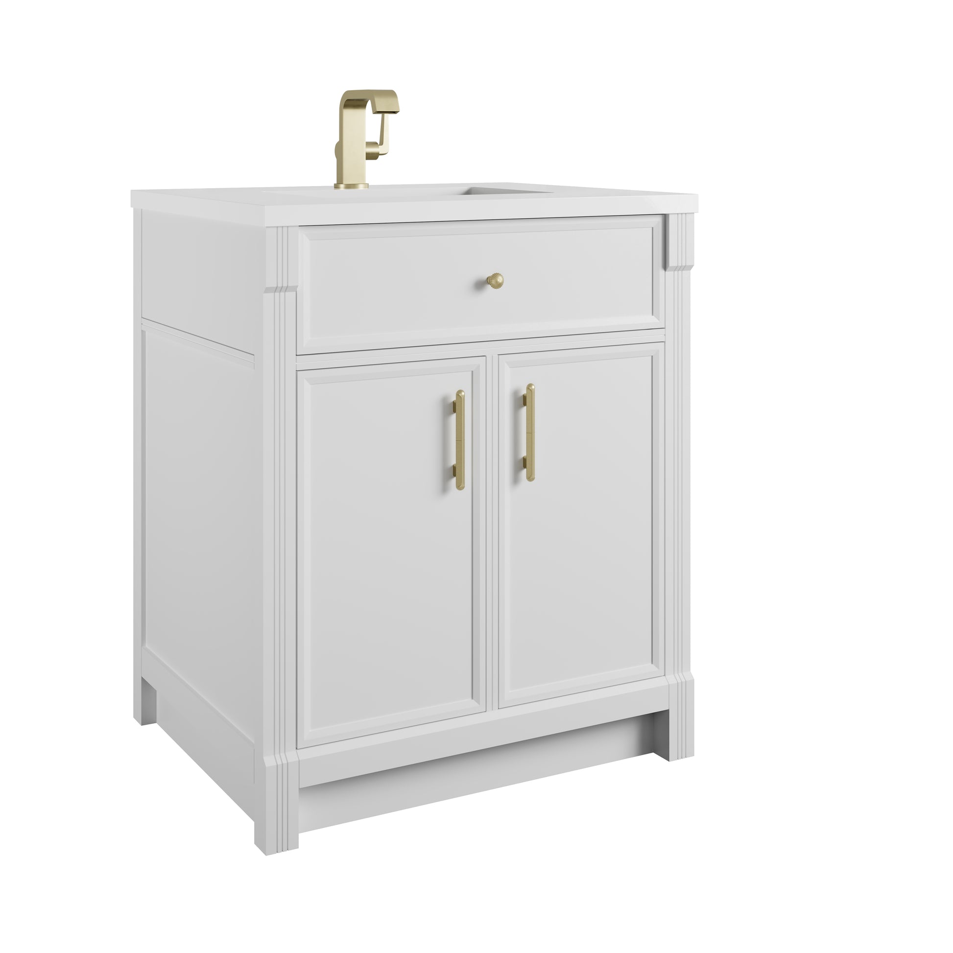 Renovate for Less Atlanta Bellshire 30" Single Vanity, Bright White w/ Single Hole 3 CM White Zeus Silestone Top and Matching Backsplash