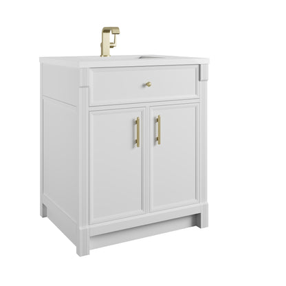 Renovate for Less Atlanta Bellshire 30" Single Vanity, Bright White w/ Single Hole 3 CM White Zeus Silestone Top and Matching Backsplash