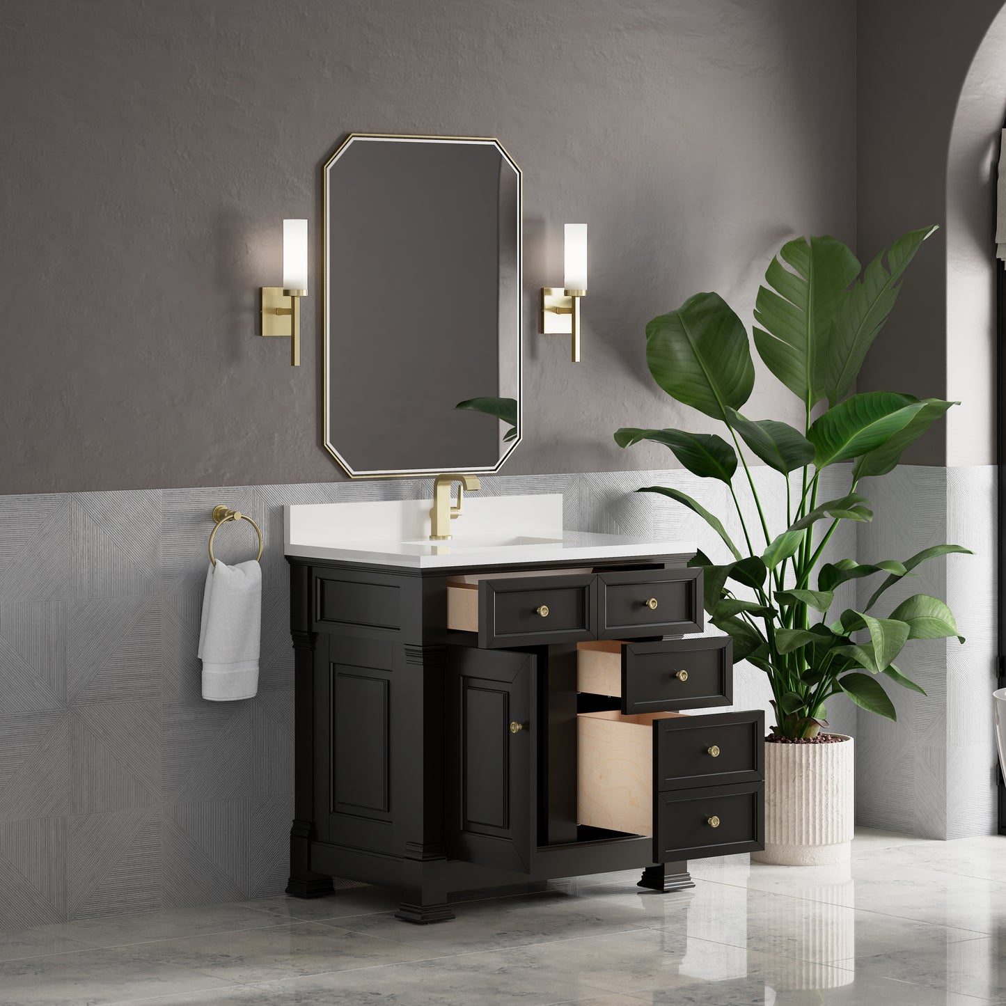 Renovate for Less Atlanta Brookfield 36" Single Vanity, Black Onyx w/ Single Hole 3 CM White Zeus Silestone Top & Backsplash