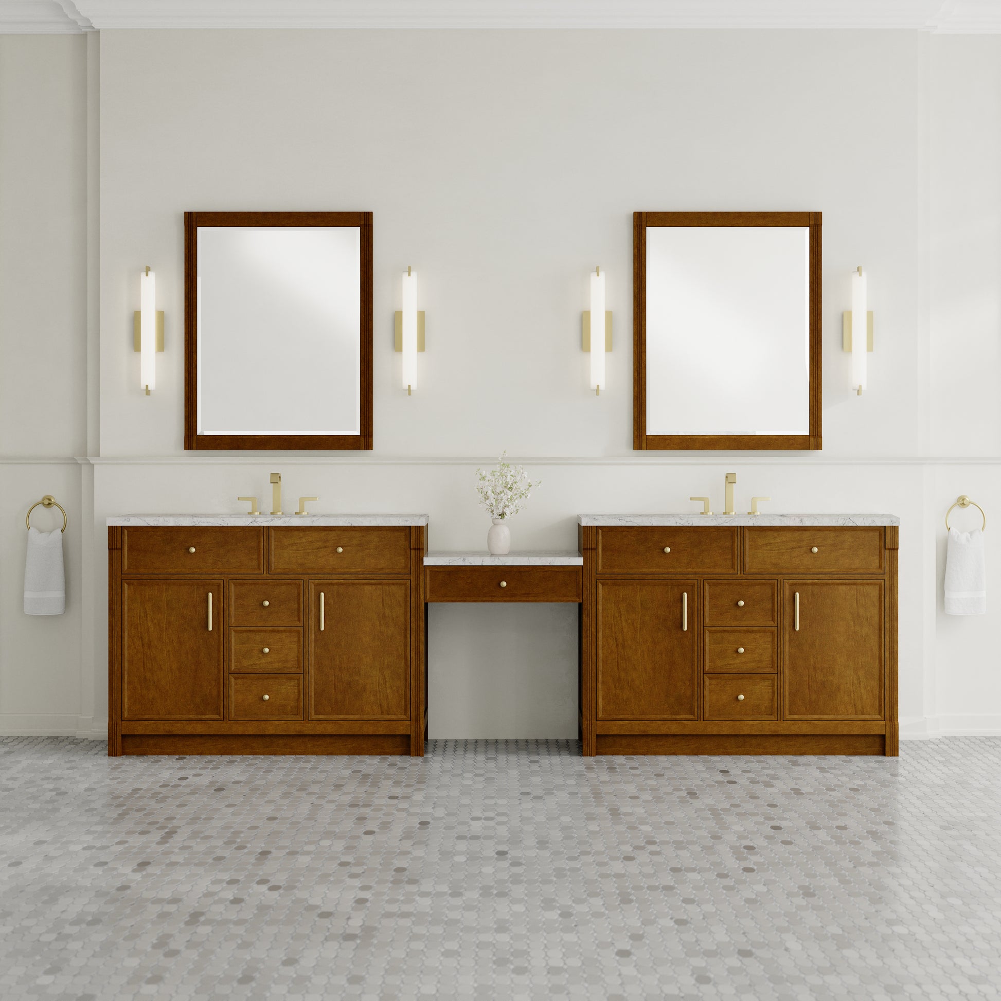 Renovate for Less Atlanta Bellshire 120" Dual Vanity Set with 24" Make-Up Counter, Honey Oak w/3 cm Eternal Jasmine Pearl Silestone Top w/FreePower Wireless Charger