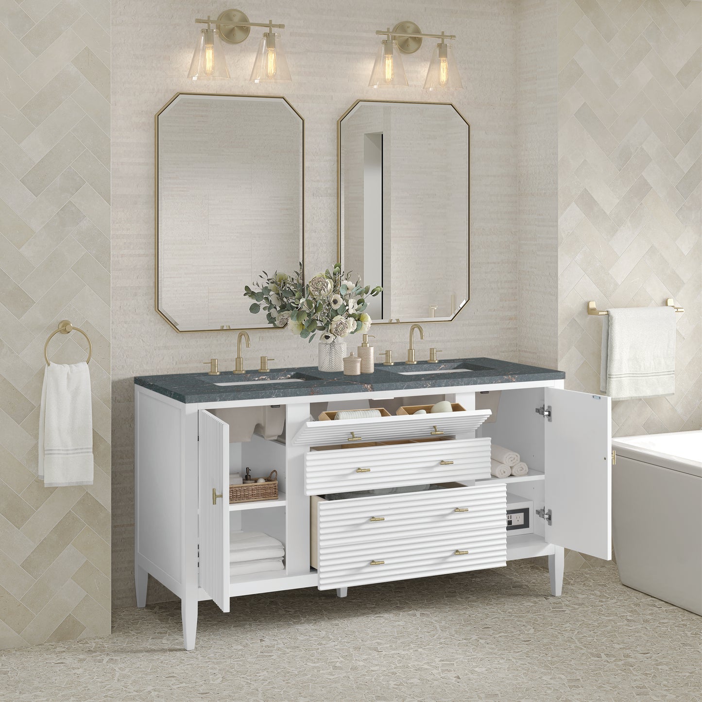 Renovate for Less Atlanta Myrrin 60" Double Vanity, Bright White w/ 3 CM Parisien Bleu Silestone Top w/FreePower Wireless Charger