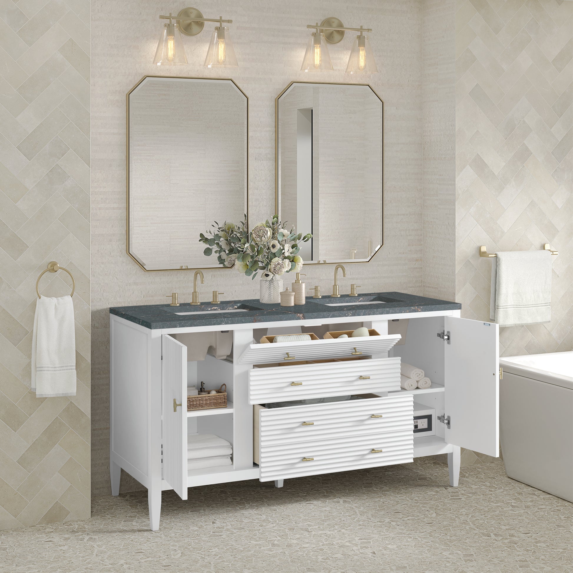 Renovate for Less Atlanta Myrrin 60" Double Vanity, Bright White w/ 3 CM Parisien Bleu Silestone Top w/FreePower Wireless Charger
