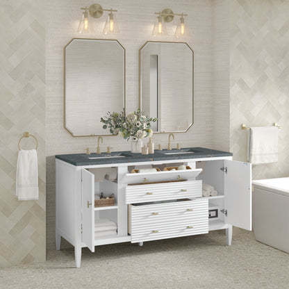 Renovate for Less Atlanta Myrrin 60" Double Vanity, Bright White w/ 3 CM Parisien Bleu Silestone Top w/FreePower Wireless Charger