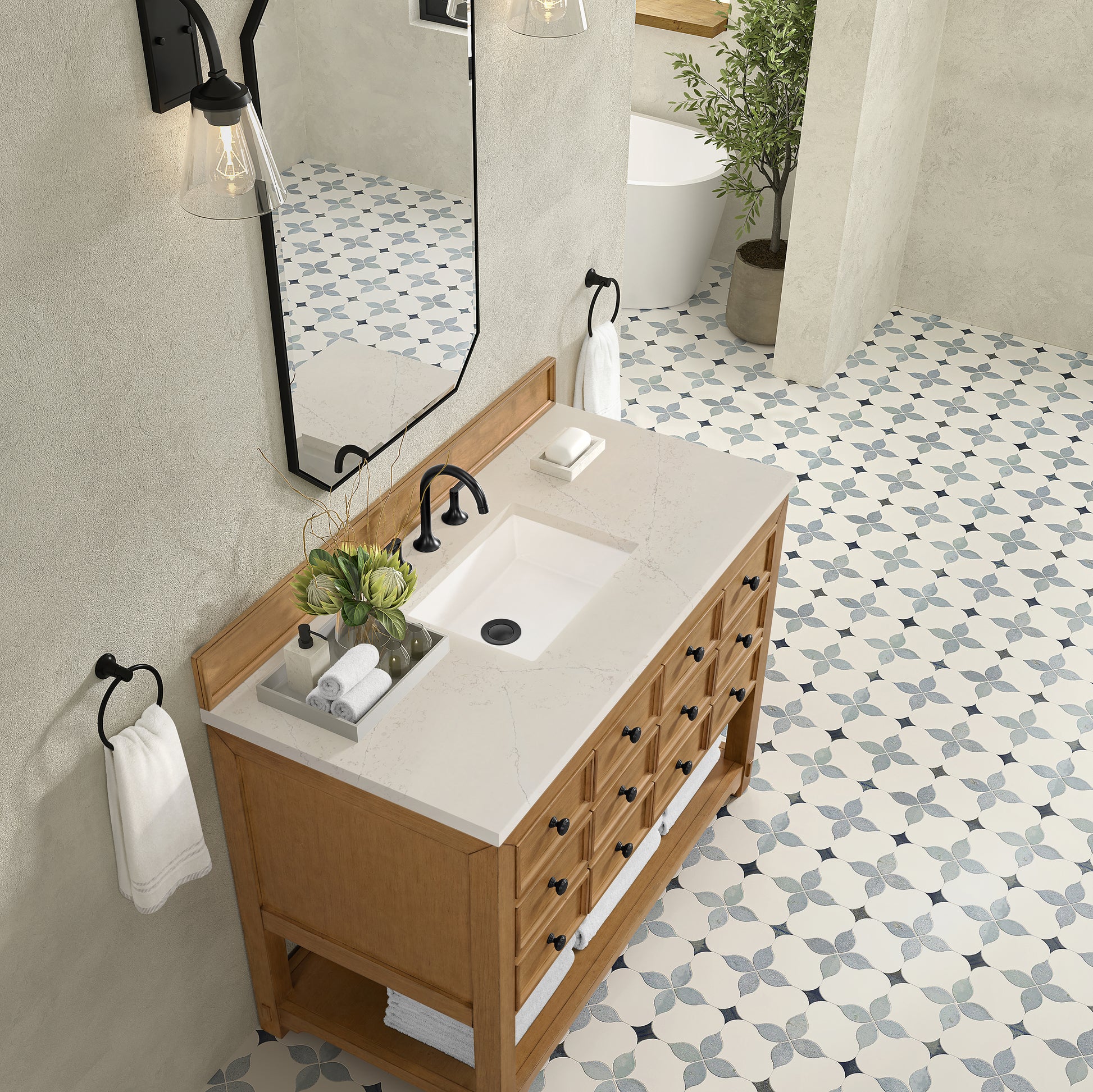 Renovate for Less Atlanta Malibu 48" Single Vanity, Amber Birch, w/ 3 CM Siberian Silestone Top