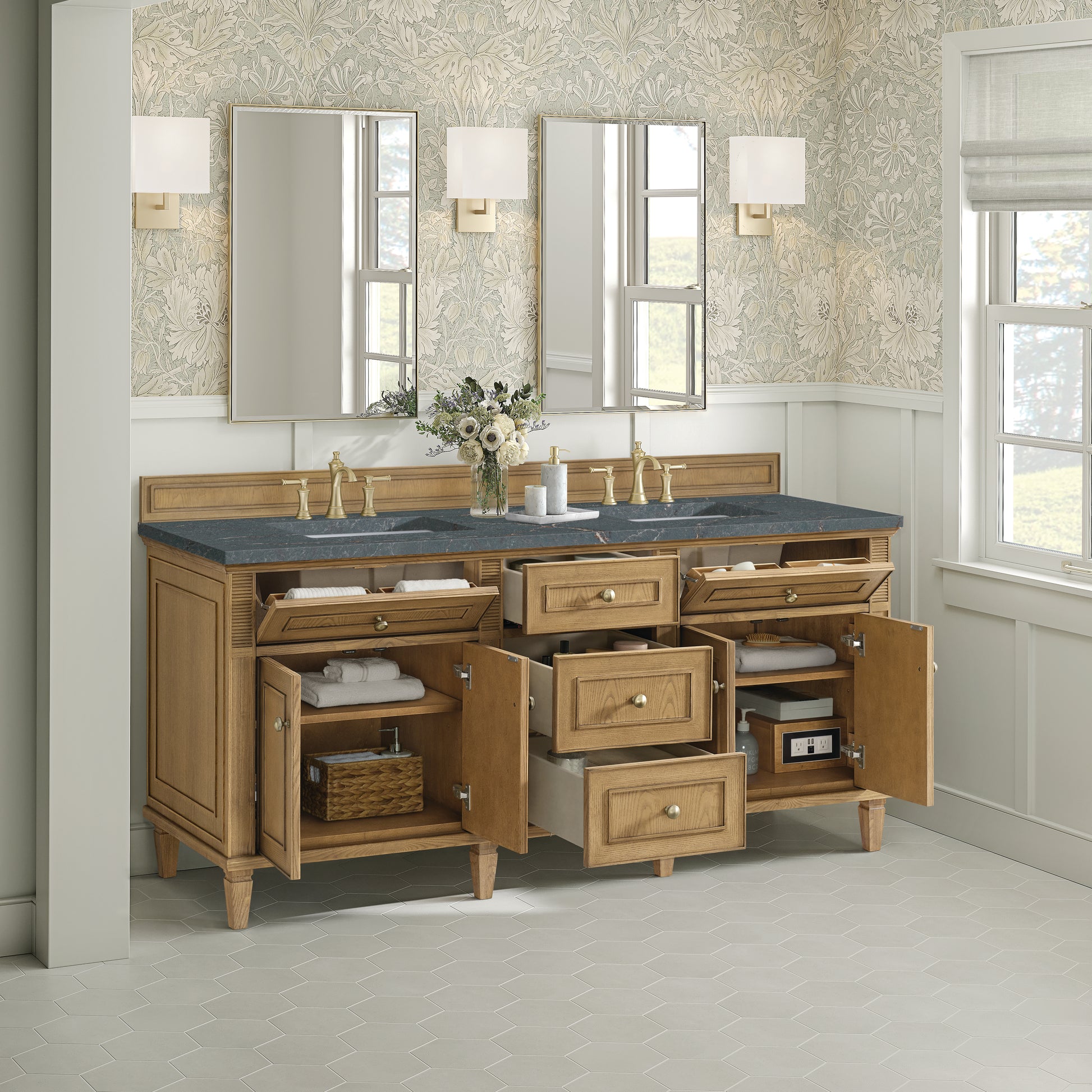 Renovate for Less Atlanta Lorelai 72" Double Vanity, Light Natural Oak w/ 3 CM Parisien Bleu Silestone Top