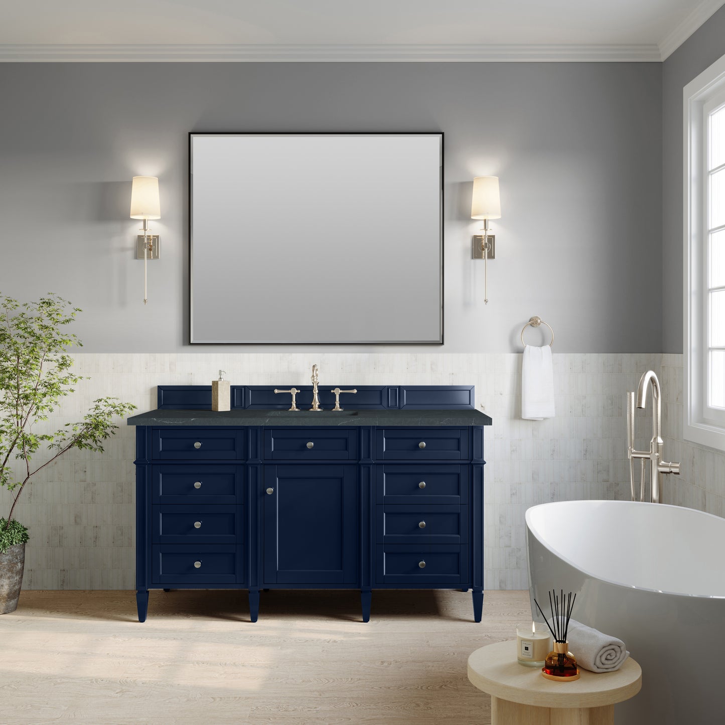 Renovate for Less Atlanta Brittany 60" Single Vanity, Victory Blue w/ 3 CM Charcoal Soapstone Silestone Top