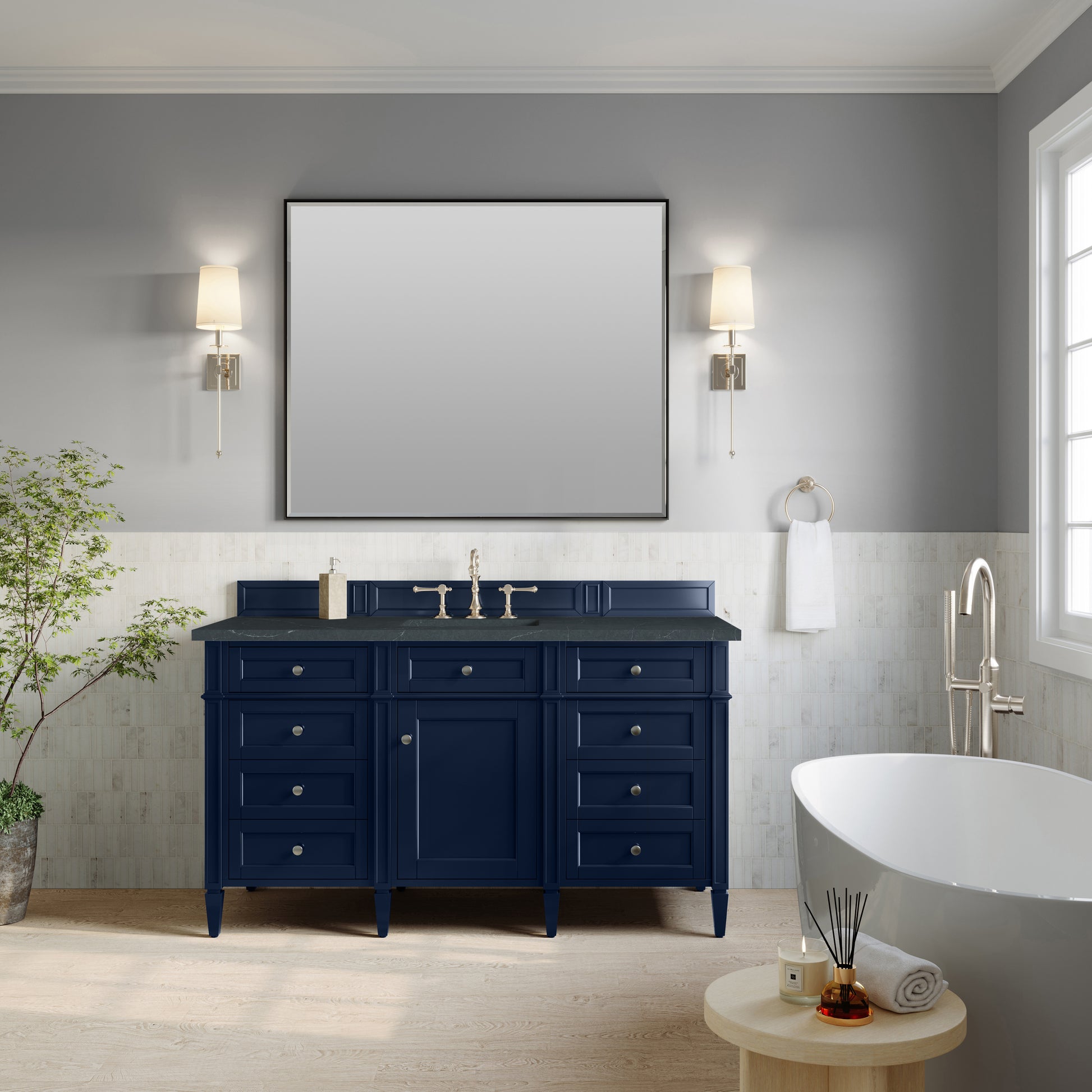 Renovate for Less Atlanta Brittany 60" Single Vanity, Victory Blue w/ 3 CM Charcoal Soapstone Silestone Top