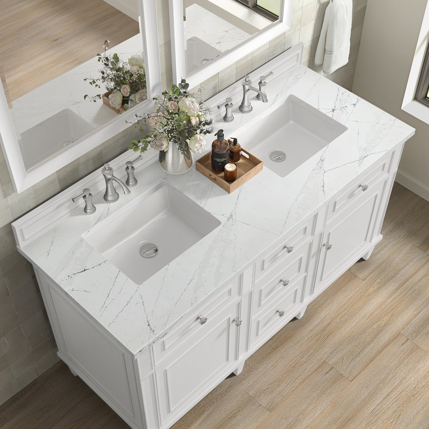 Renovate for Less Atlanta Lorelai 60" Double Vanity, Bright White w/ 3 CM White Zeus Silestone Top