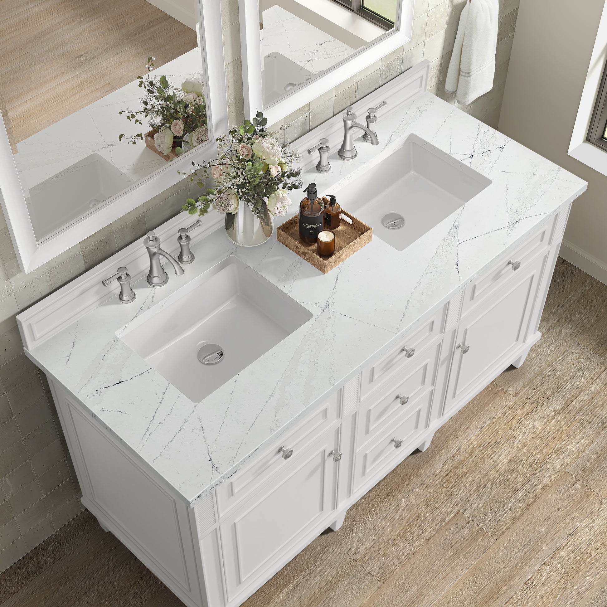 Renovate for Less Atlanta Lorelai 60" Double Vanity, Bright White w/ 3 CM White Zeus Silestone Top