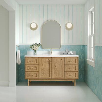 Renovate for Less Atlanta Laurent 60" Single Vanity, Light Natural Oak, w/ Single Hole 3 CM White Zeus Quartz Top & Backsplash