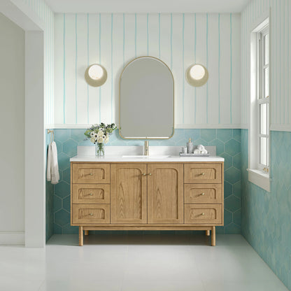 Laurent 60" Single Vanity, Light Natural Oak, w/ Single Hole 3 CM White Zeus Quartz Top & Backsplash