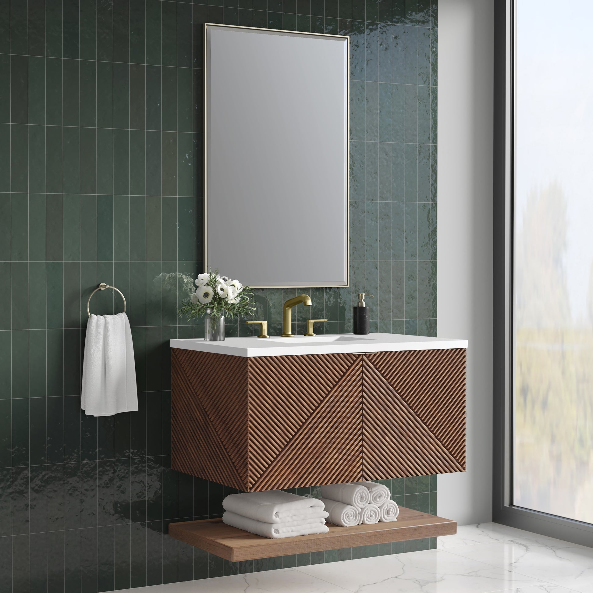 Renovate for Less Atlanta Marcello 36" Single Vanity, Chestnut w/ 3 CM White Zeus Top
