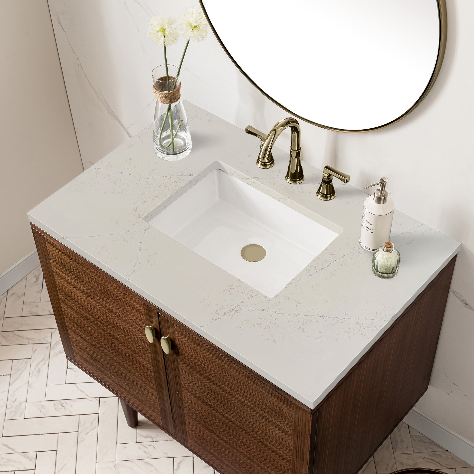Renovate for Less Atlanta Amberly 36" Single Vanity, Mid-Century Walnut, w/ 3 CM Siberian Silestone Top