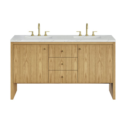 Renovate for Less Atlanta Hudson 60" Double Vanity, Light Natural Oak w/ 3 CM Ethereal Noctis Top w/FreePower Wireless Charger