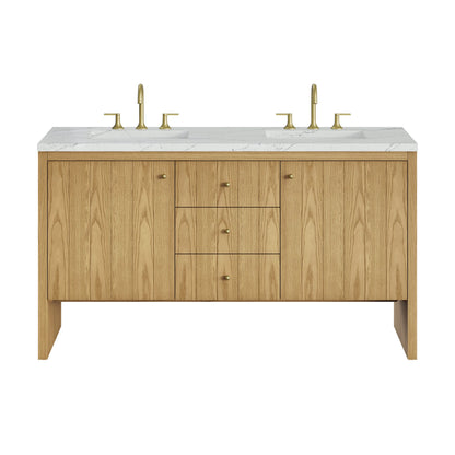 Hudson 60" Double Vanity, Light Natural Oak w/ 3 CM Ethereal Noctis Top w/FreePower Wireless Charger