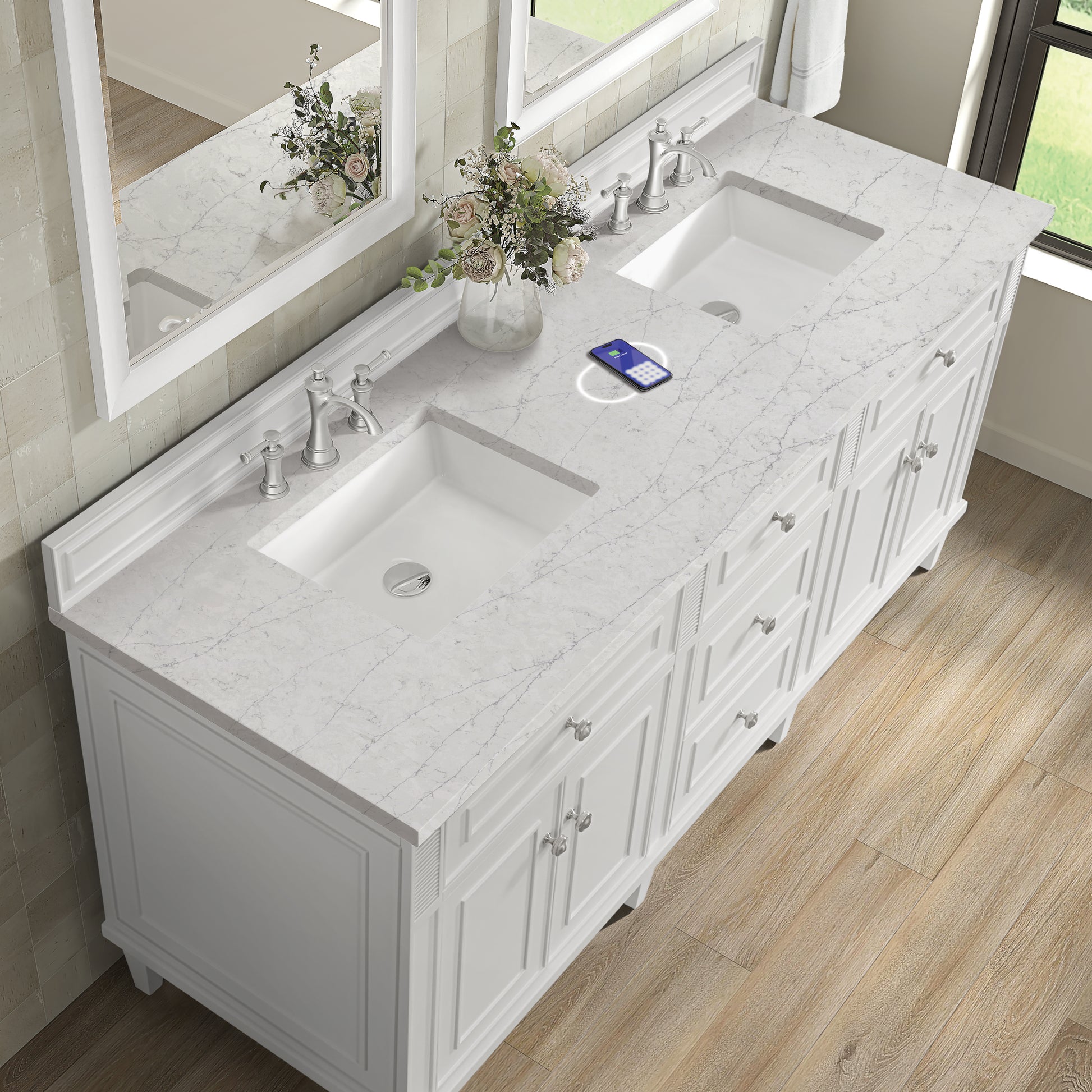 Renovate for Less Atlanta Lorelai 72" Double Vanity, Bright White w/ 3 CM Eternal Jasmine Pearl Silestone Top w/FreePower Wireless Charger