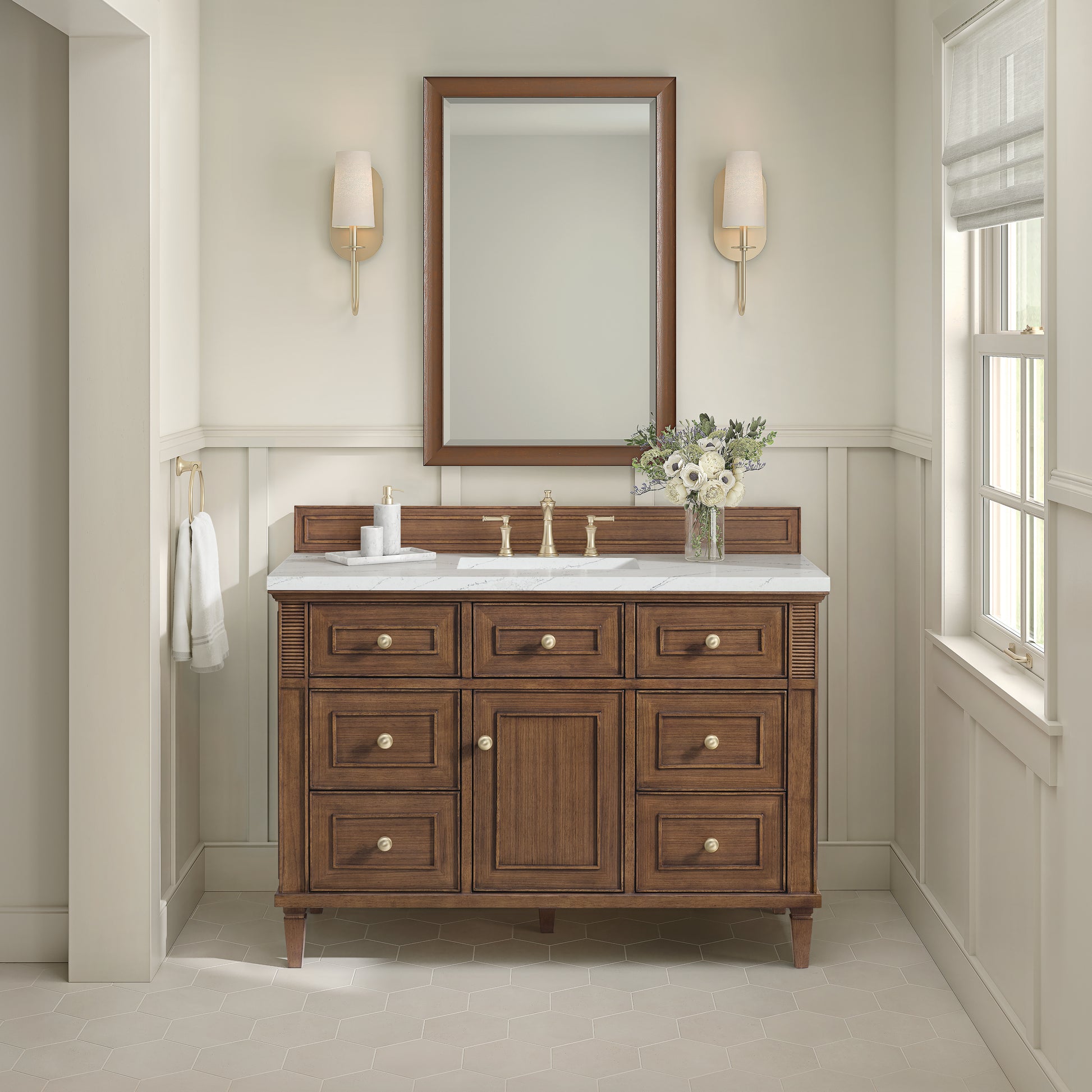 Renovate for Less Atlanta Lorelai 48" Single Vanity, Mid-Century Walnut w/ 3 CM Ethereal Noctis Silestone Top w/FreePower Wireless Charger