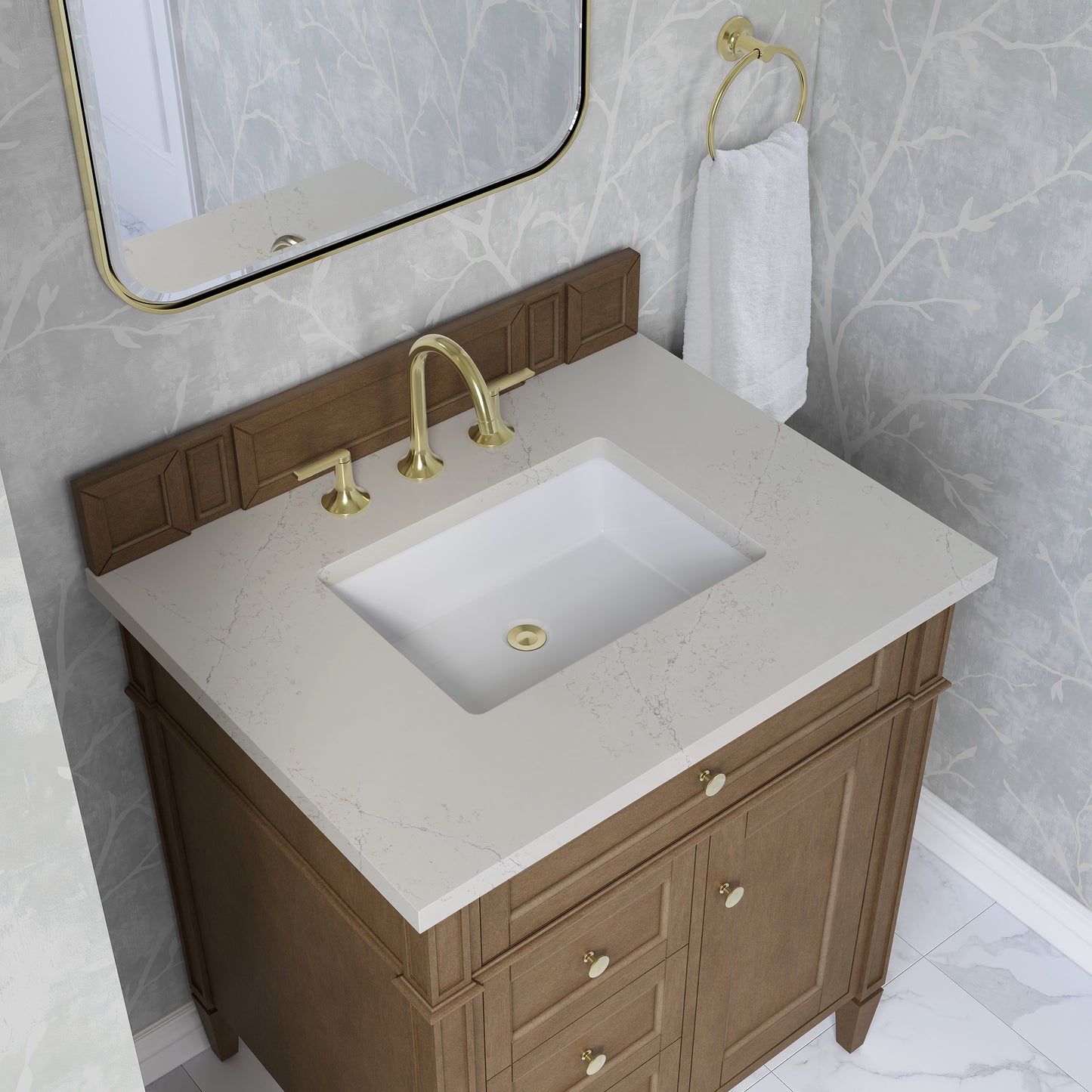 Renovate for Less Atlanta Brittany 30" Single Vanity, Pecan w/ 3 CM Siberian Silestone Top