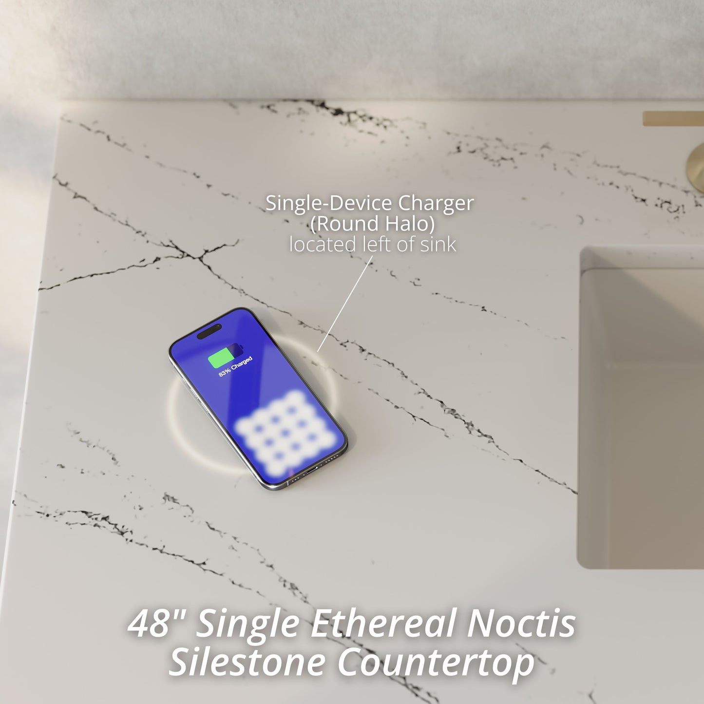 Renovate for Less Atlanta Brookfield 48" Single Vanity, Black Onyx w/ 3 CM Ethereal Noctis Silestone Top w/ FreePower Wireless Charger