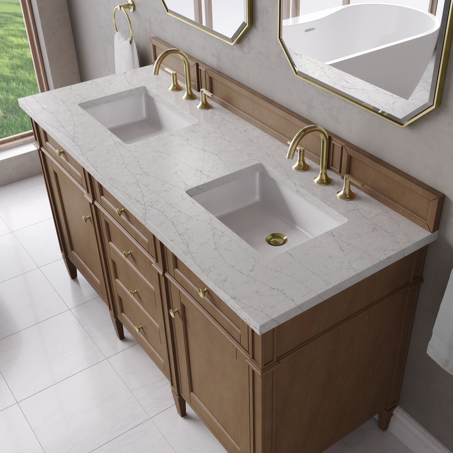 Renovate for Less Atlanta Brittany 60" Double Vanity, Pecan w/ 3 CM Eternal Jasmine Pearl Silestone Top
