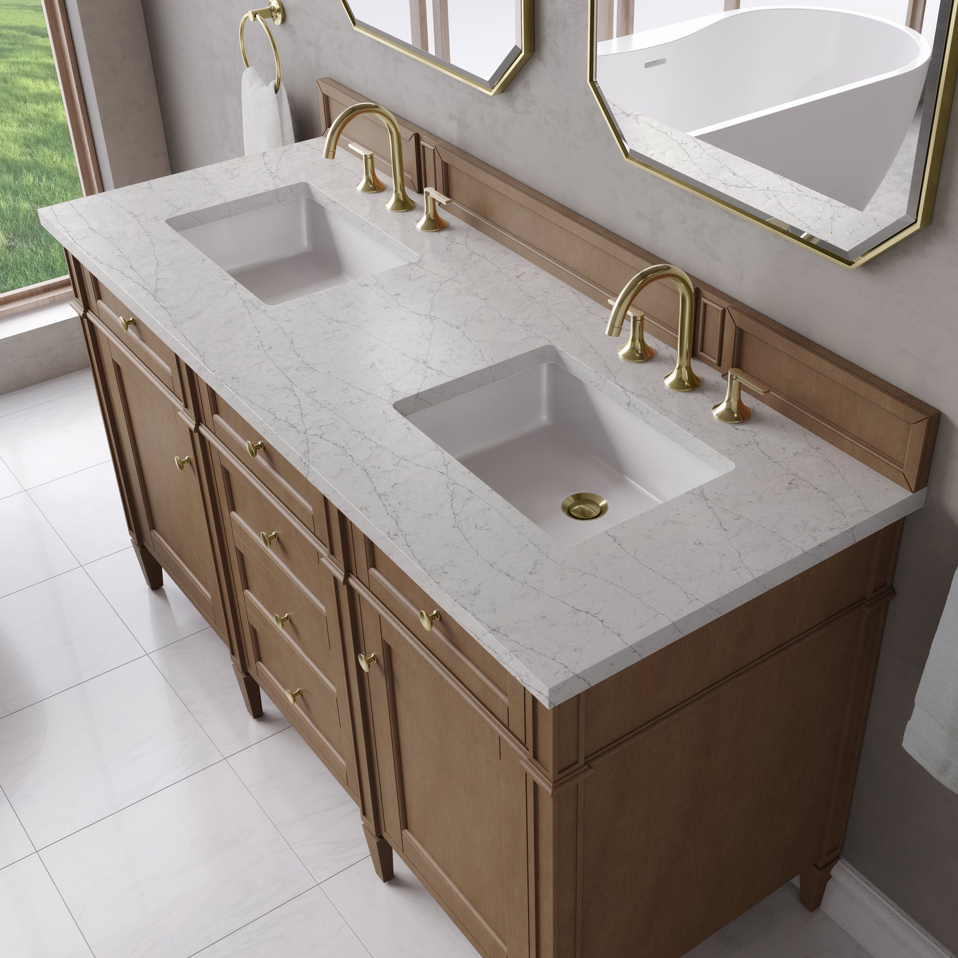 Renovate for Less Atlanta Brittany 60" Double Vanity, Pecan w/ 3 CM Eternal Jasmine Pearl Silestone Top