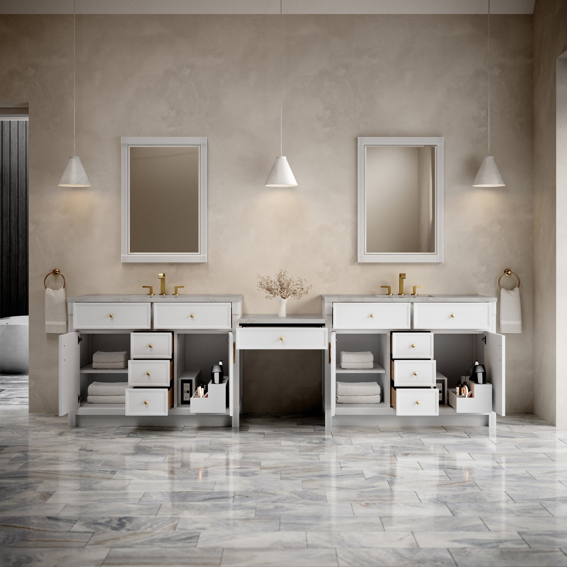 Renovate for Less Atlanta Bellshire 120" Dual Vanity Set with 24" Make-Up Counter, Bright White w/3 cm Victorian Silver Silestone Top
