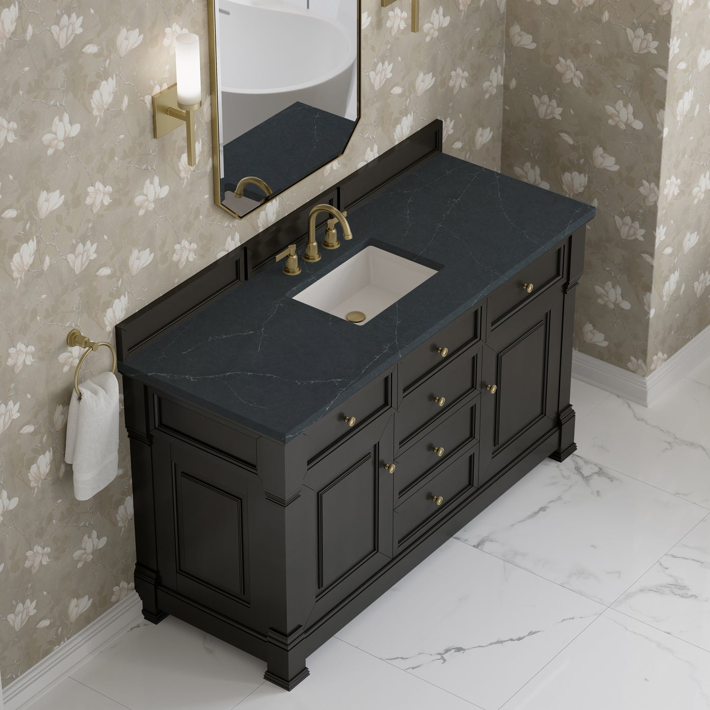 Renovate for Less Atlanta Brookfield 60" Single Vanity, Black Onyx w/3 CM Charcoal Soapstone Silestone Top