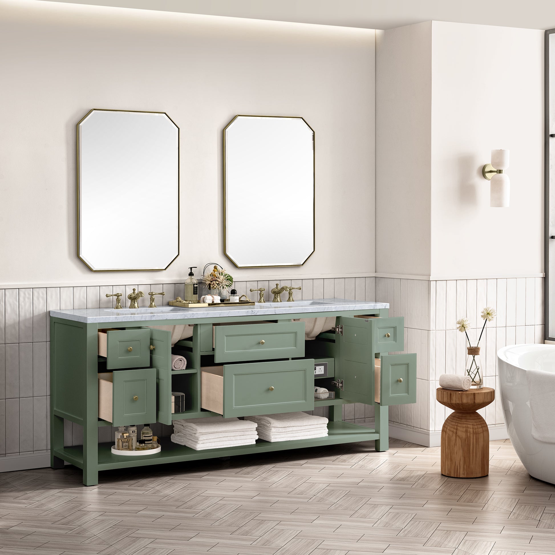 Renovate for Less Atlanta Breckenridge 72" Double Vanity, Smokey Celadon w/ 3 CM Carrara Marble Top