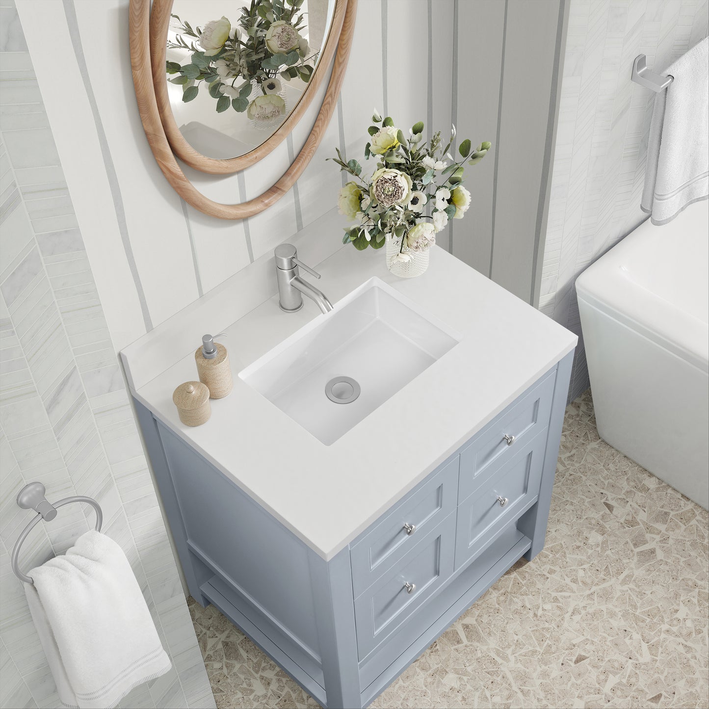 Renovate for Less Atlanta Breckenridge 30" Single Vanity, Serenity Blue, w/ Single Hole 3 CM White Zeus Quartz Top & Backsplash