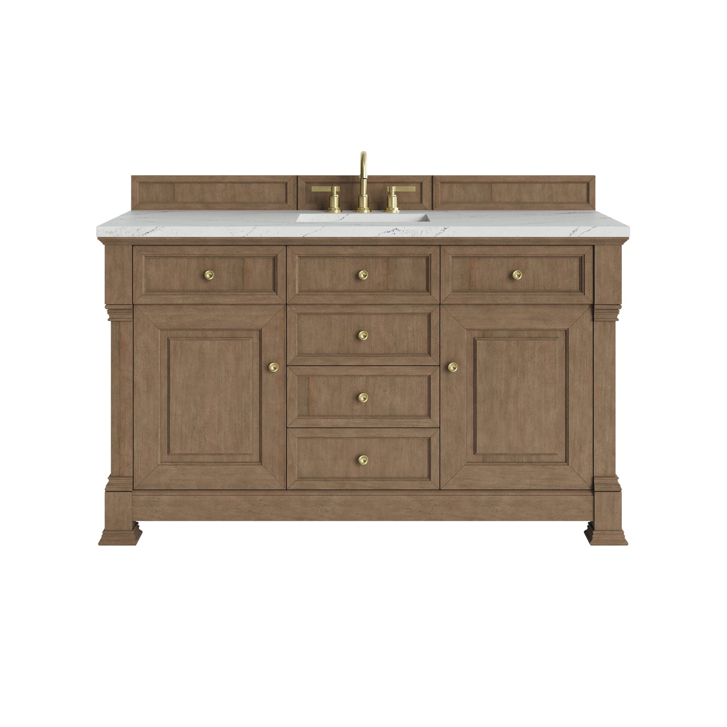Renovate for Less Atlanta Brookfield 60" Single Vanity, Pecan w/ 3 CM Ethereal Noctis Silestone Top w/ FreePower Wireless Charger