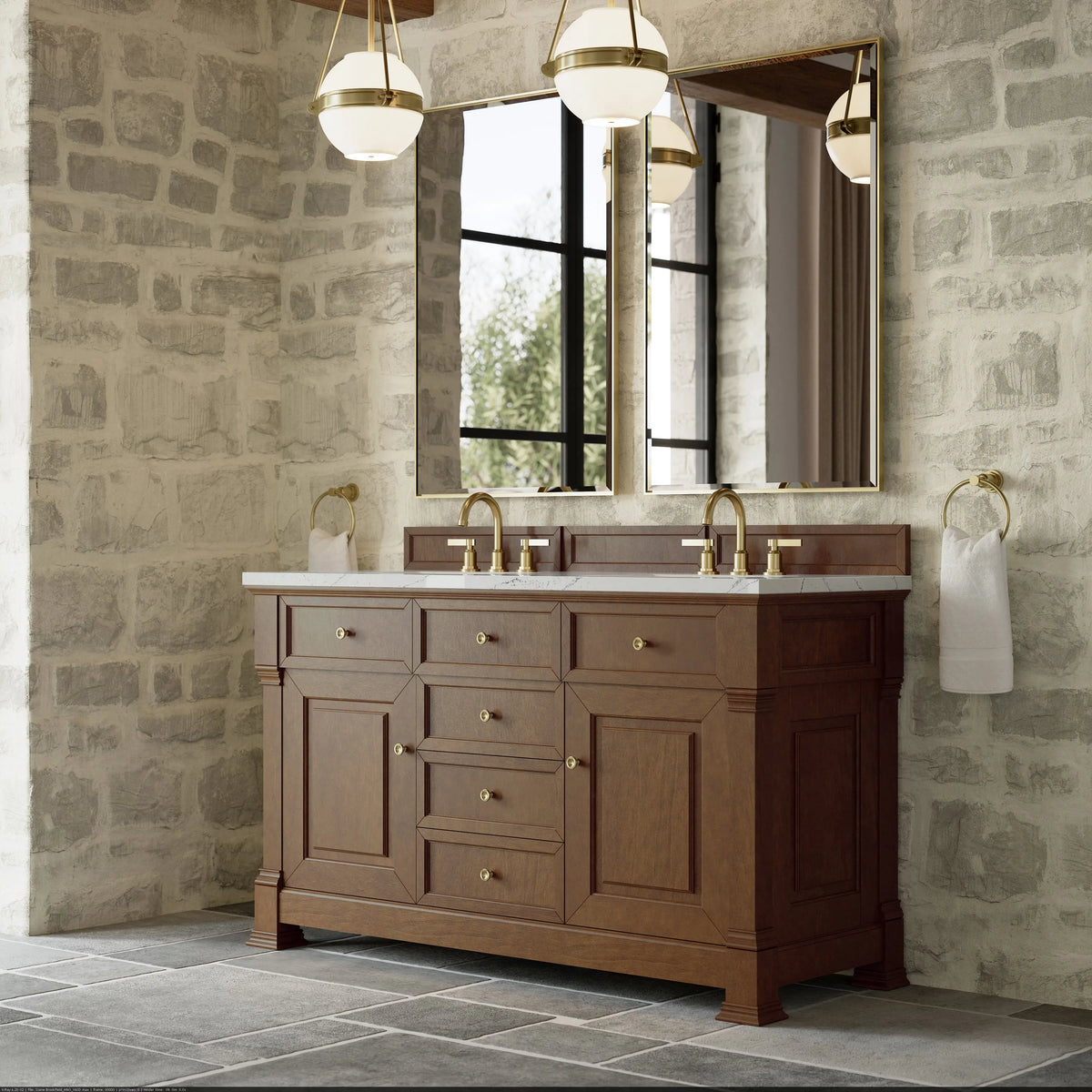 Brookfield 60" Double Vanity, Honey Oak w/ 3 CM Ethereal Noctis Silestone Top