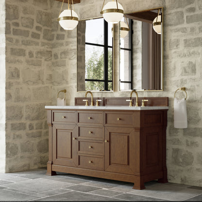 Renovate for Less Atlanta Brookfield 60" Double Vanity, Honey Oak w/ 3 CM Ethereal Noctis Silestone Top w/FreePower Wireless Charger