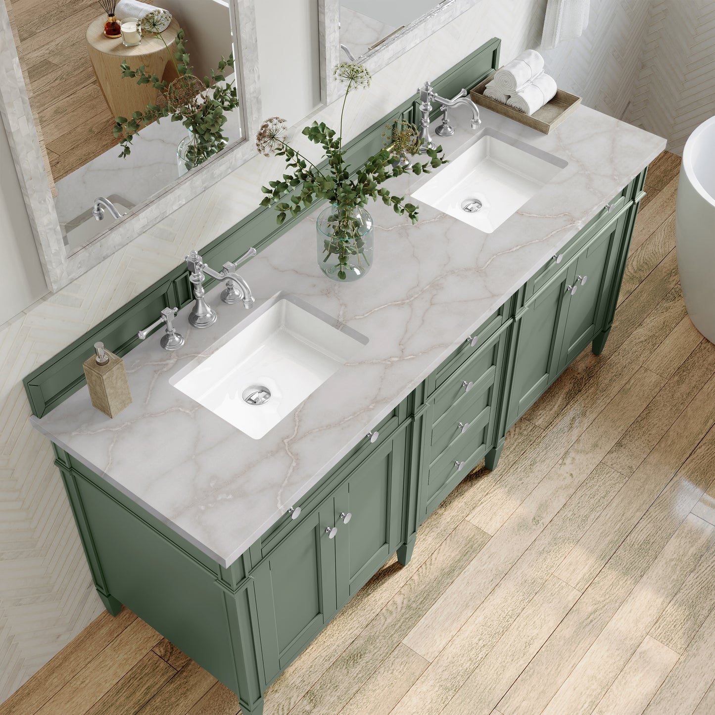 Renovate for Less Atlanta Brittany 72" Double Vanity, Smokey Celadon w/ 3 CM Victorian Silver Top