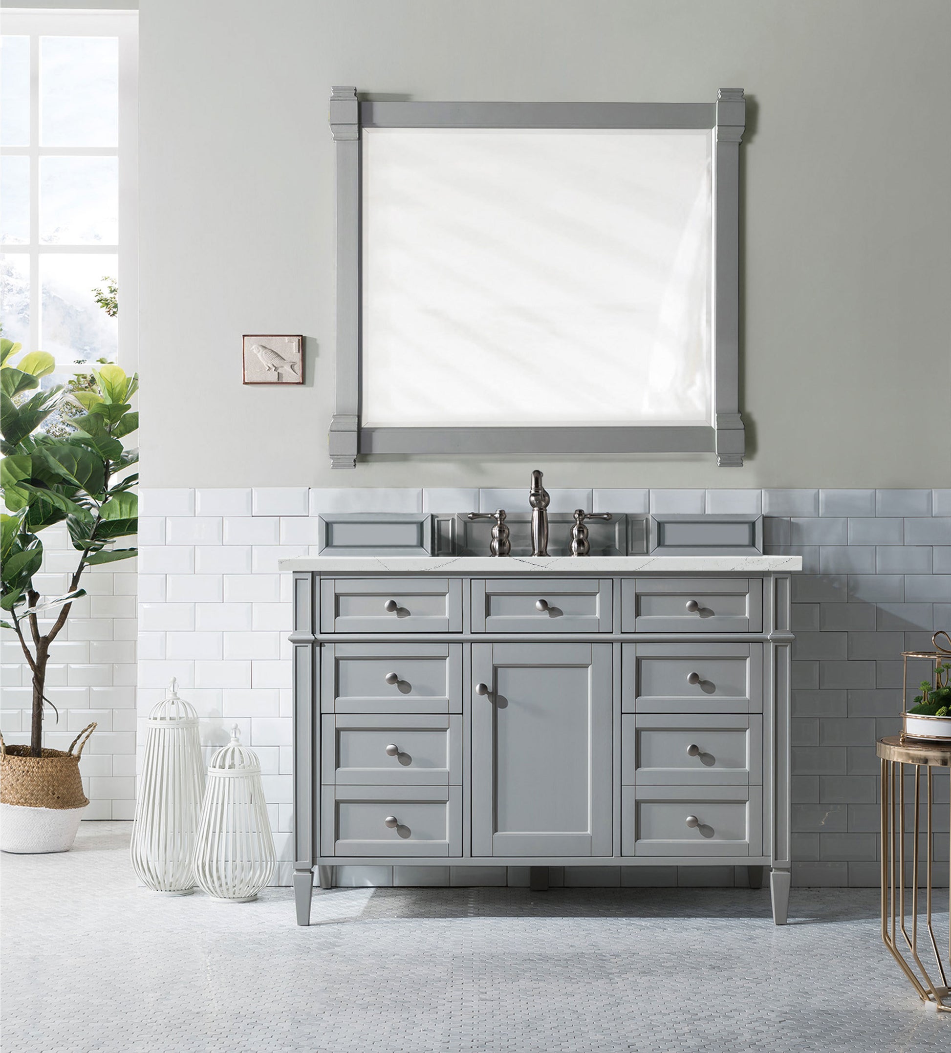 Renovate for Less Atlanta Brittany 48" Single Vanity, Urban Gray w/ 3 CM Ethereal Noctis Silestone Top w/FreePower Wireless Charger