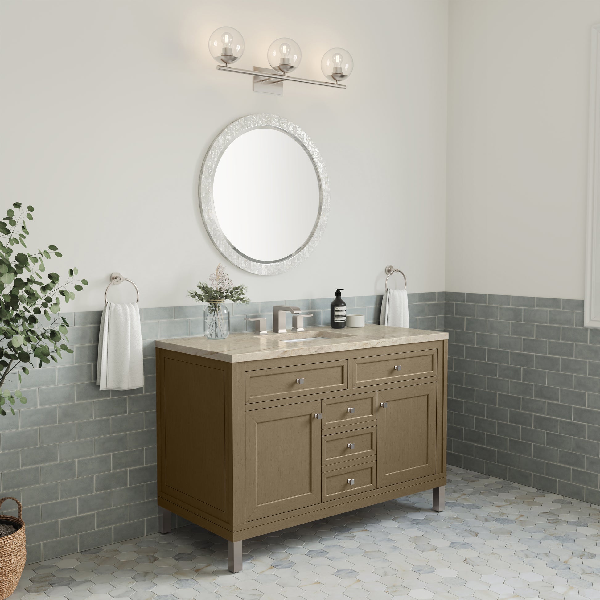 Renovate for Less Atlanta Chicago 48" Single Vanity, Walnut Whisper, w/ 3 CM Tajnar Eclos Top w/FreePower Wireless Charger