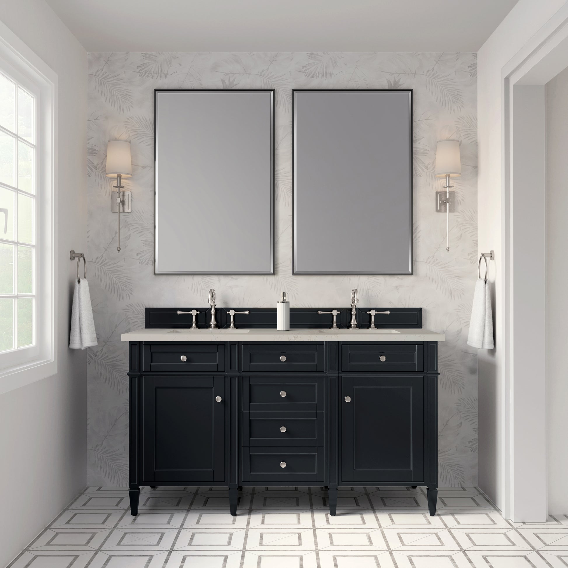 Renovate for Less Atlanta Brittany 60" Double Vanity, Black Onyx, w/ 3 CM Siberian Silestone Top