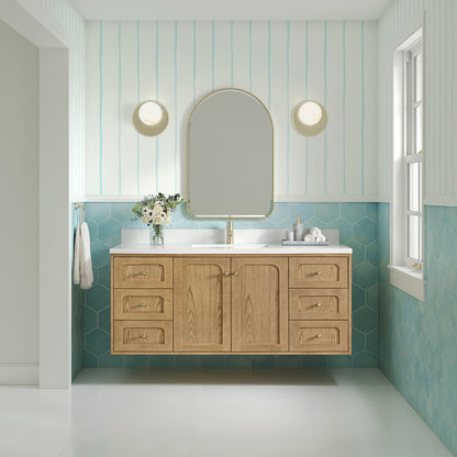 Renovate for Less Atlanta Laurent 60" Single Vanity, Light Natural Oak, w/ Single Hole 3 CM White Zeus Quartz Top & Backsplash