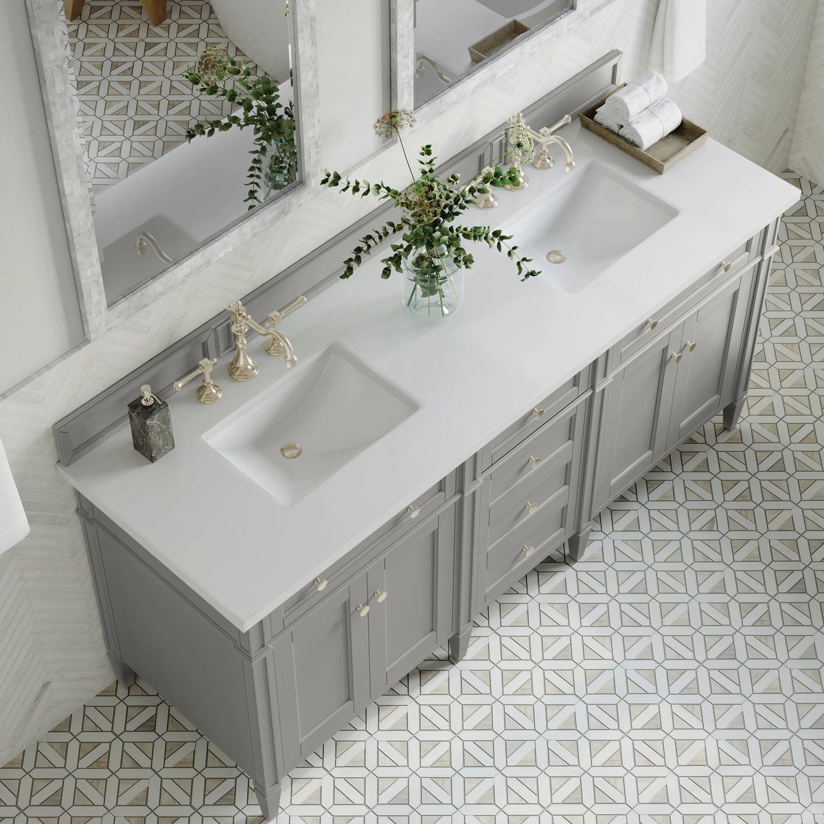Brittany 72" Double Vanity, Urban Gray w/ 3 CM White Zeus Silestone Top