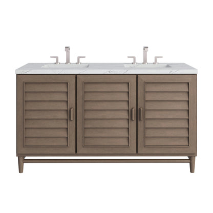 Portland 60" Double Vanity Whitewashed Walnut w/ 3 CM Ethereal Noctis Silestone Top