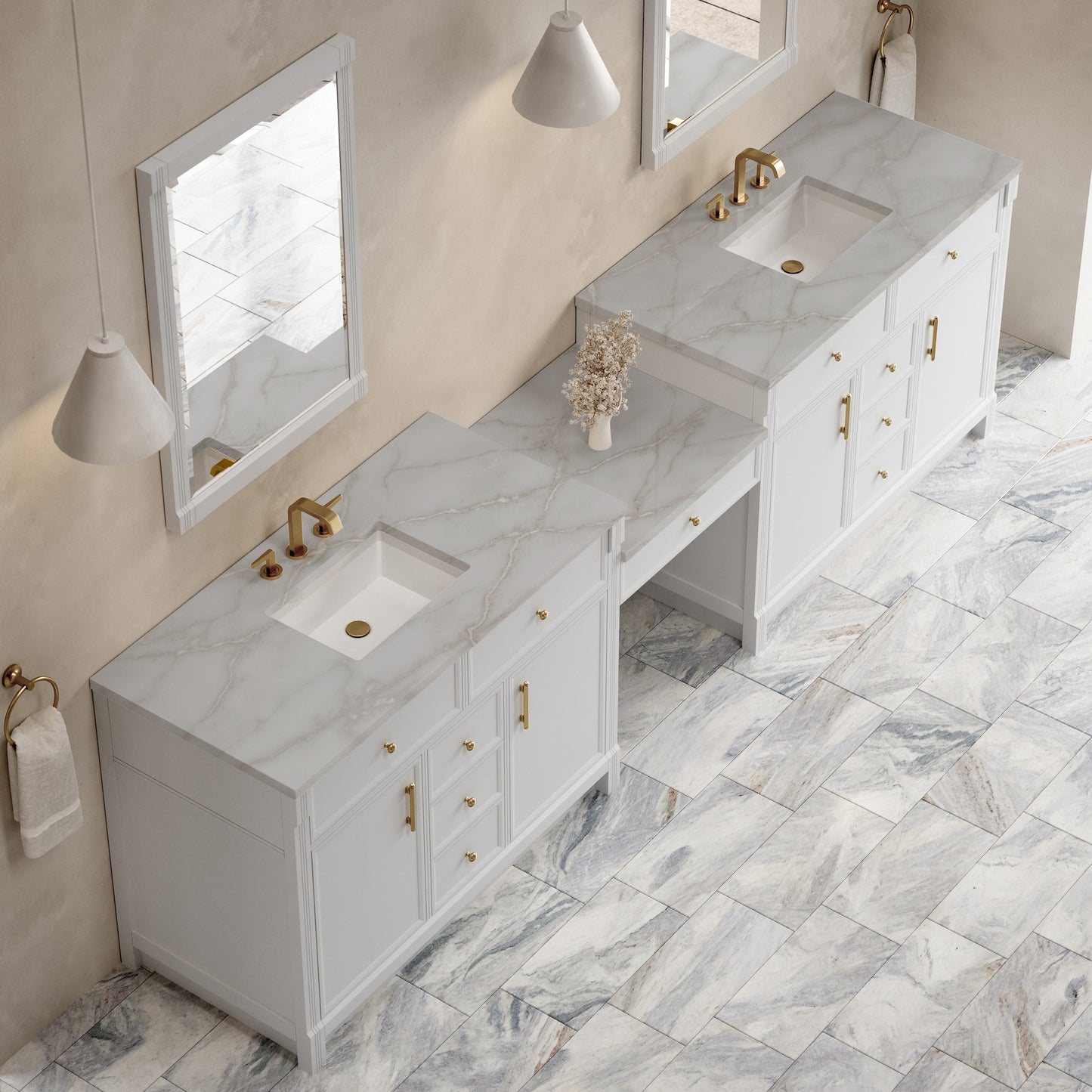 Renovate for Less Atlanta Bellshire 120" Dual Vanity Set with 24" Make-Up Counter, Bright White w/3 cm Victorian Silver Silestone Top