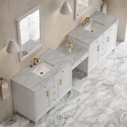 Bellshire 120" Dual Vanity Set with 24" Make-Up Counter, Bright White w/3 cm Victorian Silver Silestone Top
